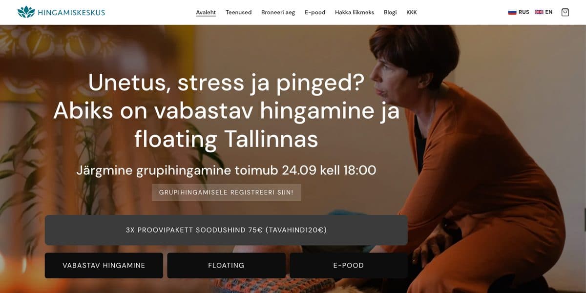 Hingamiskeskus home page: booking, online shop and services on one site